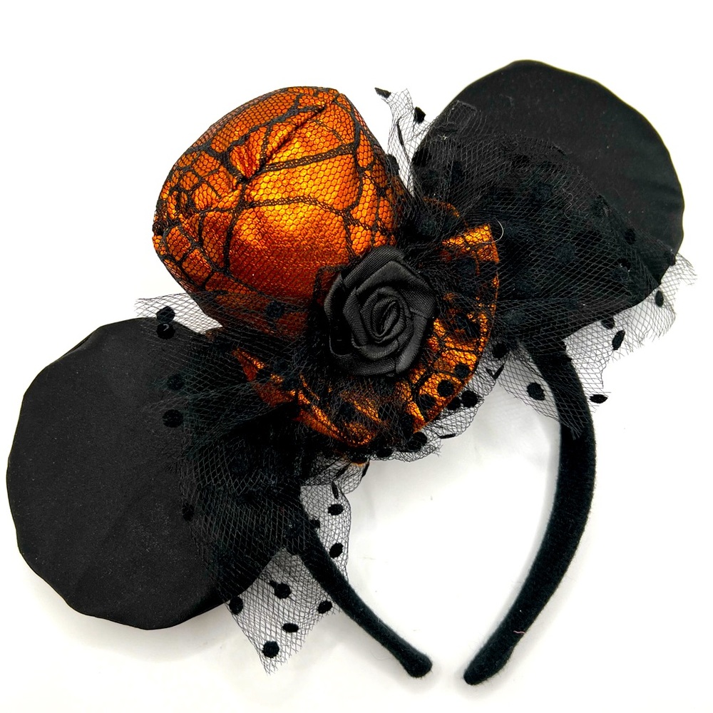 Halloween Costume Party Headband Mickey Ears Orange Black Flower Polka Dot Veil